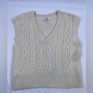 525 America Cream Cable Knit V-Neck Sweater Vest Womens Medium Ivory Prep Layer